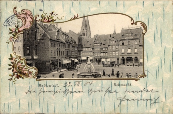 Embossed Passepartout Postcard Halberstadt am Harz, Holzmarkt