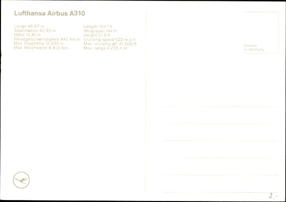 Postcard Lufthansa passenger aircraft, Airbus A310