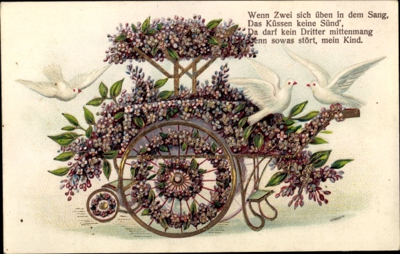 Embossed Postcard When two practice singing, handcarts, flowers, doves