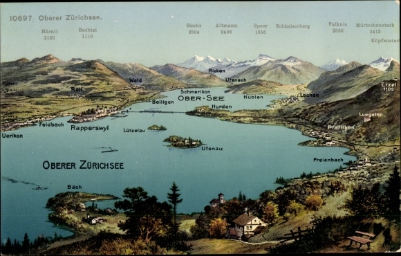 Briefkaart Kanton Zürich, Hoger Meer van Zürich, Freienbach, Rapperswyl