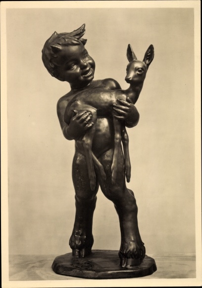 Postcard plastic by Reinhold Unger, Waldidyll, Satyr, Deer, HDK 325
