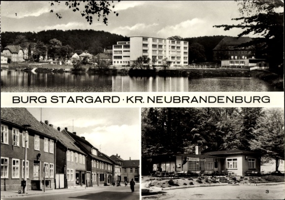 Postcard Burg Stargard in Mecklenburg, Pawel-Kortschogin-Oberschule, Ernst-Thälmann-Strasse, restaurant
