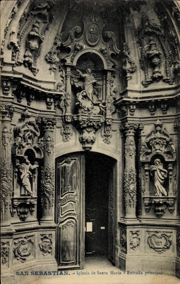 Postcard Donostia San Sebastian Basque Country, Church of Santa Maria, entrance, San Sebastian