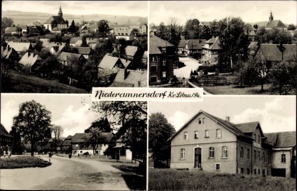 Ansichtkaart Niedercunnersdorf Kottmar in der Oberlausitz, gedeeltelijk uitzicht, kerk, straatgedeelte, panorama