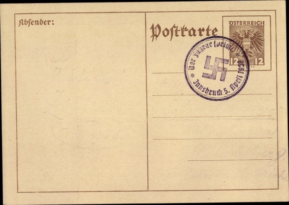 KP pocztowa Austria, znaczek Innsbruck, przemawia lider, 5 kwietnia 1938 r.