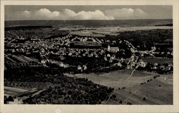 Postcard Köngen am Neckar, aerial view of rural landscape, view of houses, clouds in the sky