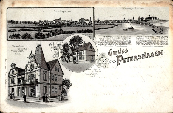Chromo-Litho Petershagen on the Weser, department store of the Georg Lange company, panorama in 1898