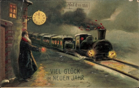 Ak Glückwunsch Neujahr, Eisenbahn, Uhr
