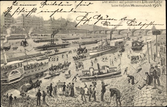 Postcard Dresden Altstadt, Elbe traffic resumed at the lowest water level in 1904