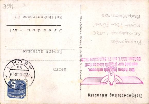 Postcard Reichsparteitag Nuremberg, Chief of Staff Lutze reports the SA to the Führer, Photo Hoffmann 38/64