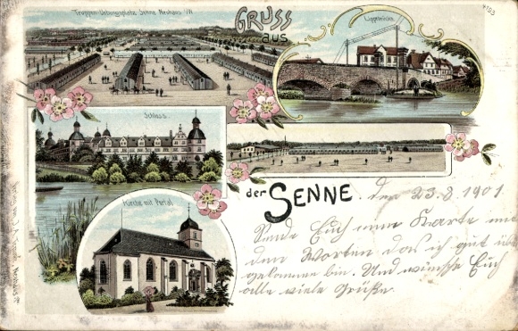 Chromo-Litho Paderborn Westphalia, Sennelager, Senne military training area, church, Neuhaus Castle, bridge