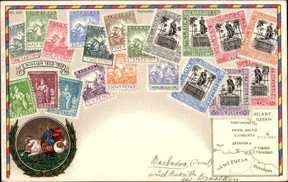 Stamp Coat of Arms Chromo-Litho Barbados, Atlantic Ocean, Venezuela