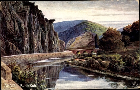 Postcard Altenahr in the Ahr Valley, colorful cow, river landscape, rocks, beautiful nature, picturesque view