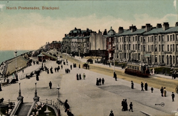 Postcard Blackpool Lancashire England, North Promenades, coastal view, people, tram