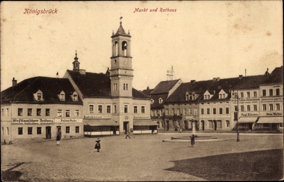 Postcard Königsbrück in Oberlausitz, market, town hall, Ratskeller, business Hans Walter, Paul Kirsten
