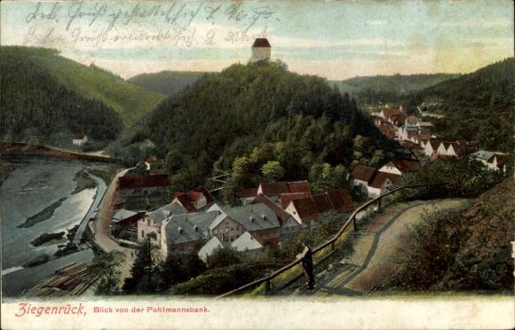 Postcard Ziegenrück on the Saale Thuringia, view from the Pohlmannsbank, hilly landscape, houses, b