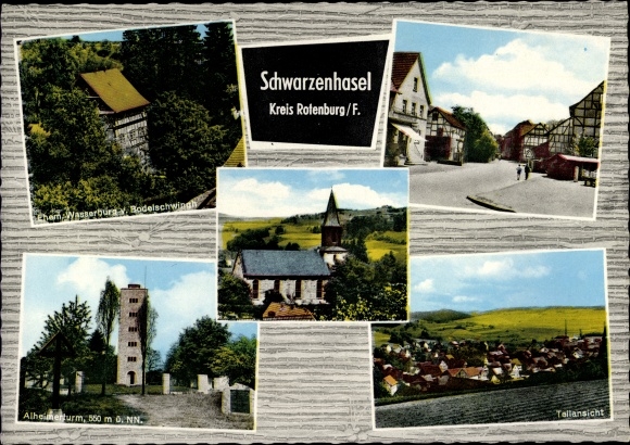 KP Schwarzenhasel Rotenburg an der Fulda, częściowy widok, Alheimerturm, zamek na wodzie, domy z muru pruskiego