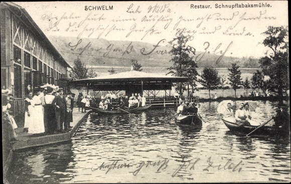 Ak Schwelm in Westfalen, restauratie snuifmolen, gondelvijver