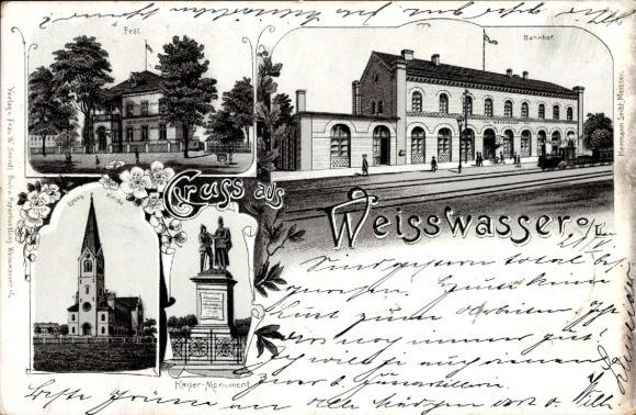 Chromo-Litho Weißwasser in Upper Lusatia, train station, post office, church, Kaiser Monument