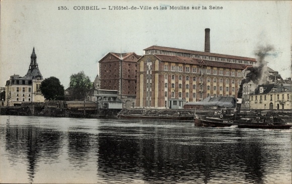 Ak Corbeil Essonne, Stadthotel, Mühlen, Seine,  Gebäude, Wasserweg, Dampfschiff, Schornstein