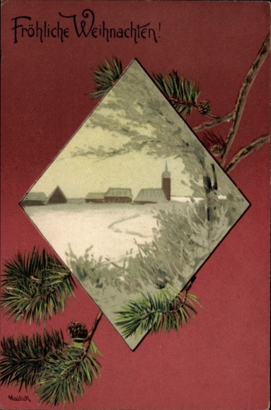 Embossed artist Postcard Mailick, Merry Christmas, snowy village, fir branch