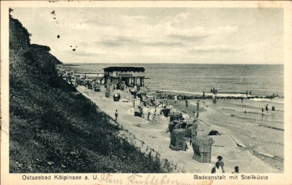 Postcard Ostseebad Kölpinsee on Usedom, Baltic Sea resort, bathing establishment, cliffs, Kolpinsee, summer activity