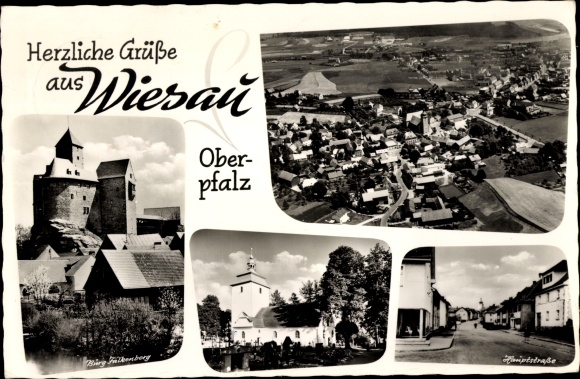 KP Wiesau w Górnym Palatynacie, główna ulica, widok z lotu ptaka, zamek Falkenburg