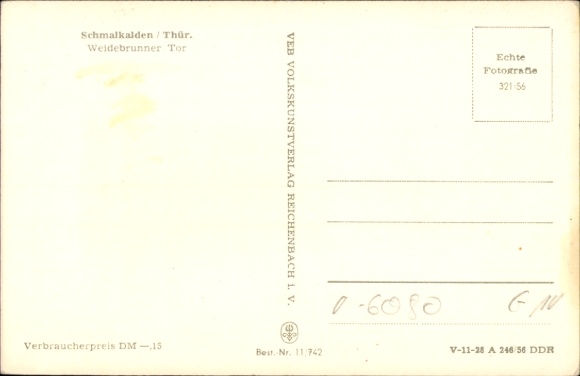 Postcard Schmalkalden in the Thuringian Forest, view of street, canal, buildings, Weidebrunner Gate, bridge