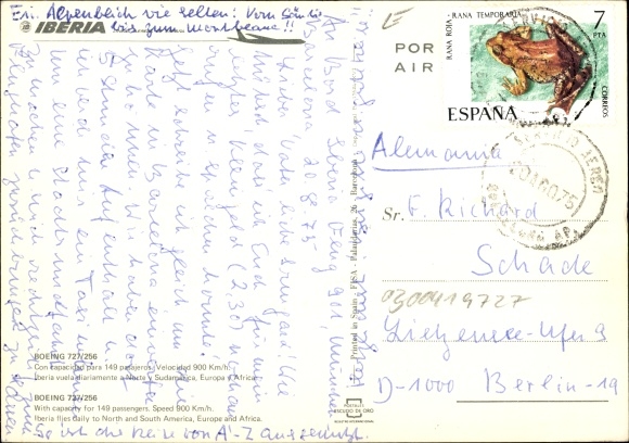 Postcard Spanish passenger plane, Iberia, Boeing 727 256