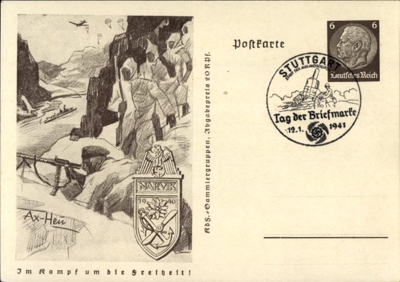 Postal stationery artist Postcard Axster Heudtlaß, In the fight for freedom, Narvik, mountain hunters in Norway