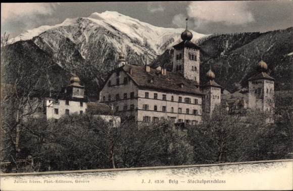 KP Brigue Brig Glis Canton Valais, zamek Stockalper, góry w tle, Jullien frères, Fot.