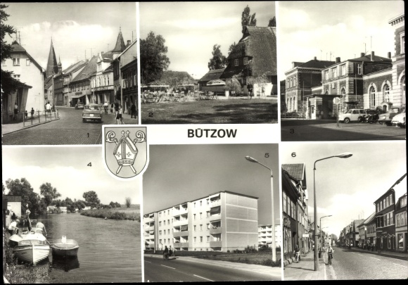Postcard Bützow in Mecklenburg, parts of the street, on the Warnow, train station, street side, local recreation center