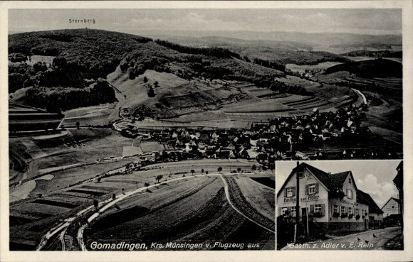 Ak Münsingen in Württemberg, Luftaufnahme, Sternberg, Gasthaus zum Adler, E. Rein