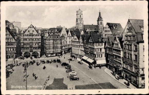 Postcard Stuttgart in Baden Württemberg, view of the market square, church tower, cars
