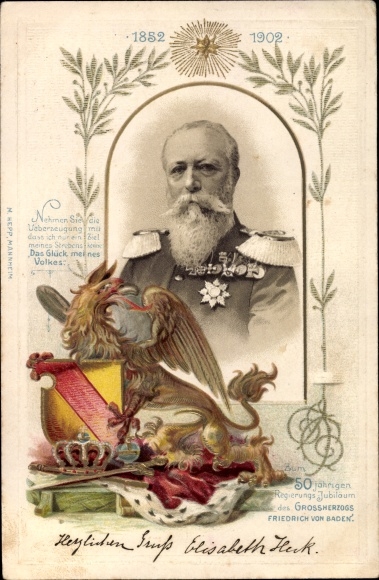 Wappen Litho Großherzog Friedrich von Baden, Portrait, 50 jähriges Regierungsjubiläum 1902