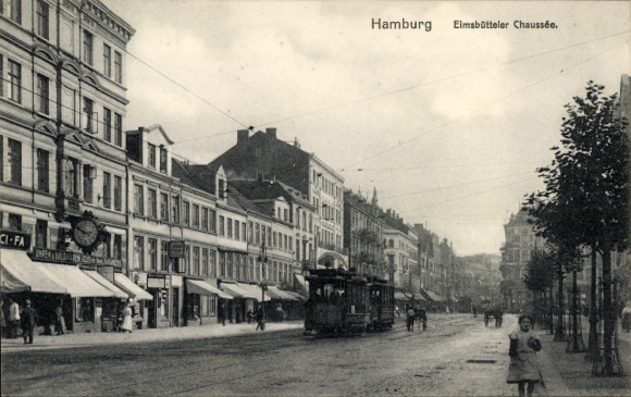 Postcard Hamburg Eimsbüttel, Eimsbütteler Chaussee, tram