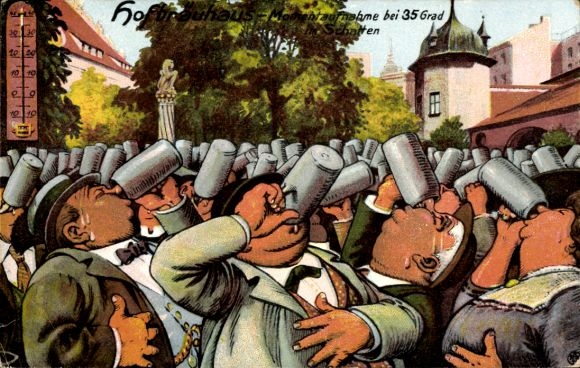 KP artystyczna Monachium, Bawaria, Hofbräuhaus przy 35 stopniach, pijący piwo, termometr
