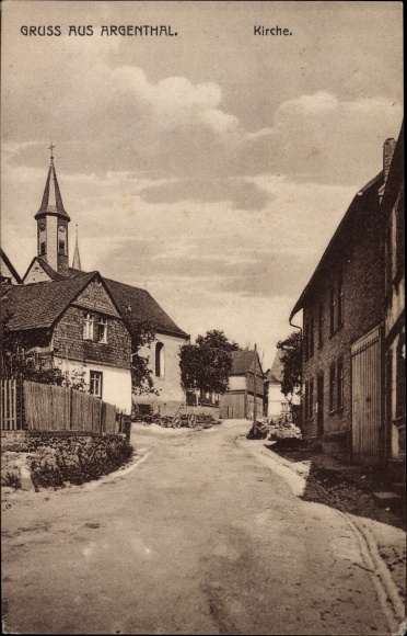 Ak Argenthal im Hunsrück, straatdeel met kerk