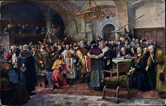 Artist Postcard Election of Jirik Podebradsky as King of Bohemia to the Old Town Hall 2 March 1458