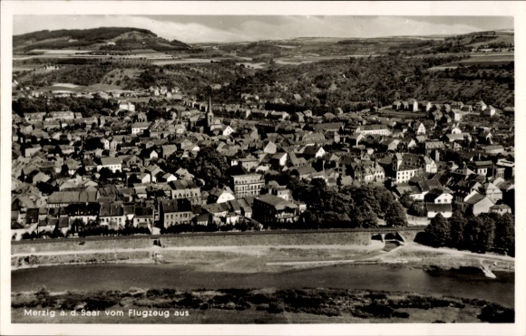 Postcard Merzig an der Saar, aerial photograph