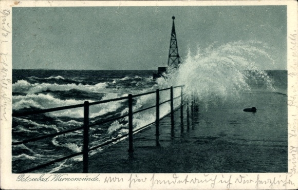 Postcard Ostseebad Warnemünde Rostock, pictures of the sea, waves, lighthouse, steel gate