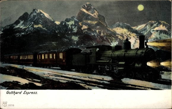 Moonlight PC Gotthard Express, steam locomotive, railway in motion, ridge of the Alps at night