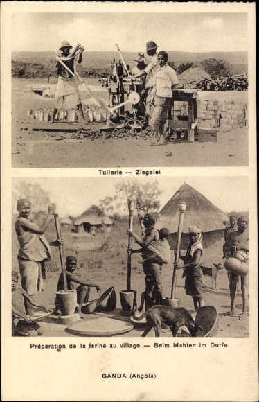 Postcard Ganda Angola, brickworks, grinding in the village