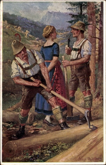 Artist Postcard Mühlberg, Georg, Oberlandler traditional costumes, work break, visit from Deandl