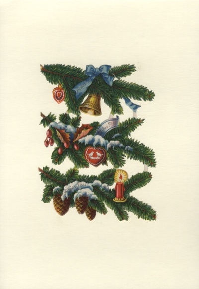 Blok 3 ozdób bożonarodzeniowych, pokrytych śniegiem gałązek jodłowych, wymiary ok. 16 x 12 cm
