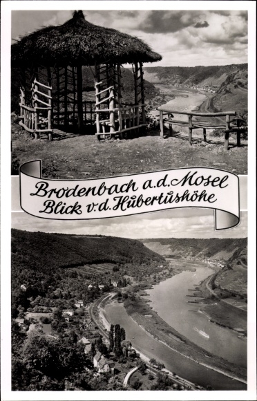 Postcard Brodenbach on the Terrassenmosel, Huberthushöhe, view of the landscape and town