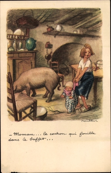 Artist PC Poulbot, Francisque, Ligue Nationale contre le Taudis, kinderen en varken in een keuken