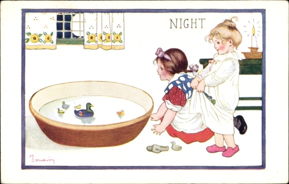 Artist Postcard Sowerby, M., The Children&#39;s Day, Night, girls in front of washtub, bathtub
