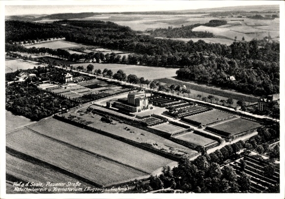 Ak Hof an der Saale Opper-Franken Beieren, luchtfoto van het crematorium, natuurgeneeskundige vereniging, Plauener Strasse