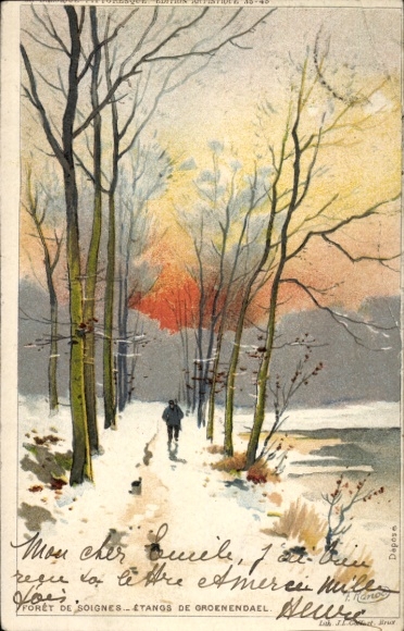 Künstler Litho Ranot, F., Waterloo Wallonien Wallonisch Brabant, Etang de Groenendael